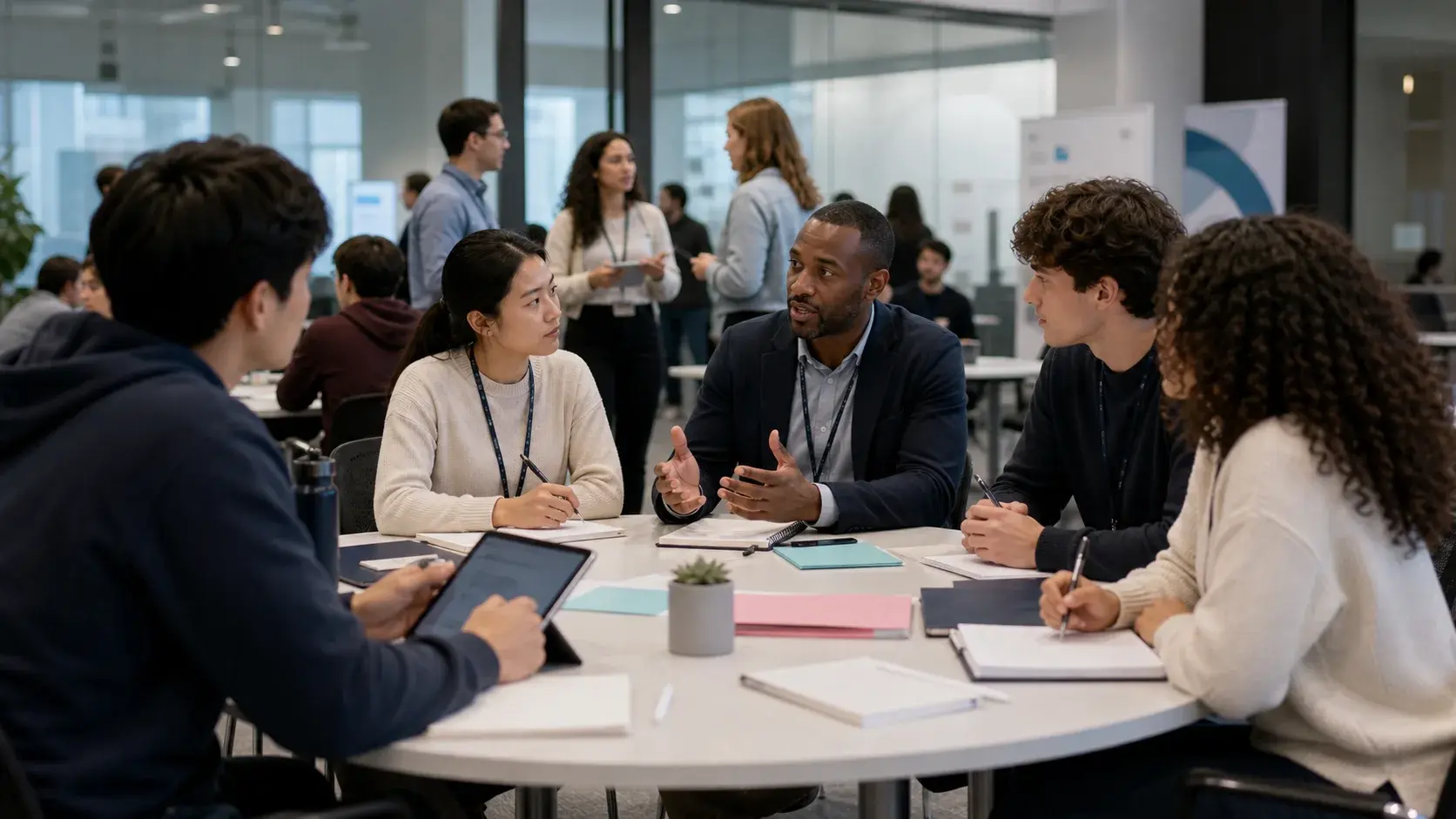 Team members in a focused conference breakout discussion