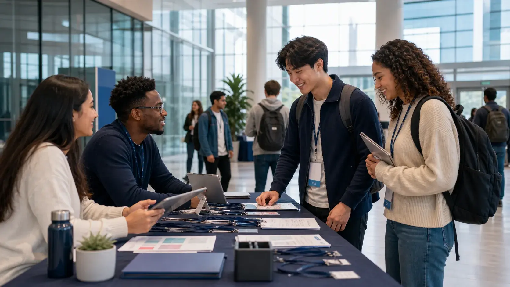 Team members checking in for a conference