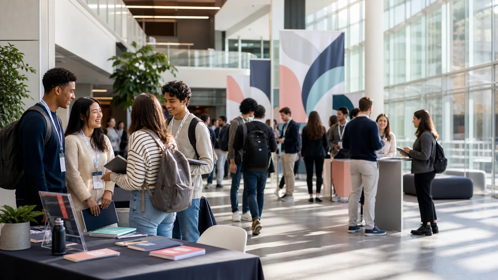 Team members gathering in a conference commons